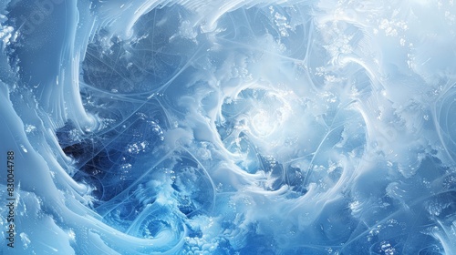 Swirling blue and white gradients with glowing orbs and ice crystal textures in a frost-inspired wallpaper backdrop