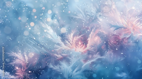 Ethereal wallpaper with pastel blues and pinks misty textures and luminescent snowflakes backdrop