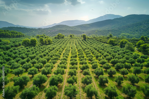 Aerial view of lush olive groves in peak season, background with empty space for text 