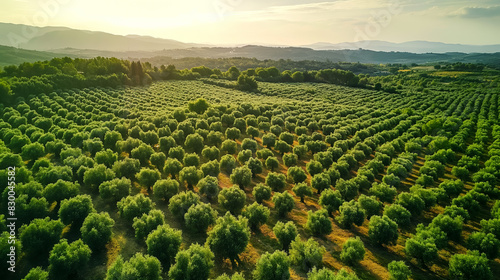 Aerial view of lush olive groves stretching as far as the eye can see 