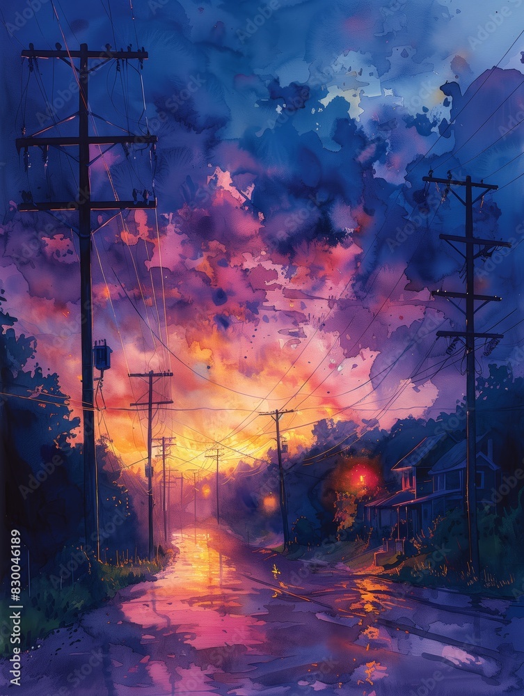 Fototapeta premium Power lines, blues, purples, watercolor, delicate and dreamy artwork