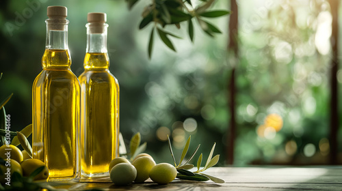 Bottled organic olive oil arranged artistically  fresh harvest in the background with empty space for text 