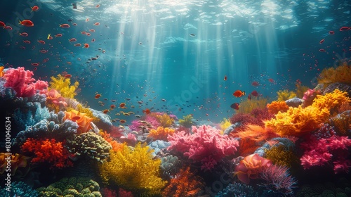 A photo of a vibrant coral reef with colorful marine life, an underwater scene with sunbeams penetrating the water and schools of fish photo