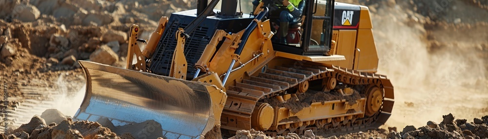 Worker operating a bulldozer, construction site, heavy machinery, vibrant and active, building project, bright and dynamic, urban development, copy space. Worker operating a bulldozer, construction site, heavy machinery, vibrant and active, building project, bright and dynamic, urban development, copy space.