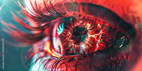 Eye Irritation: The Redness and Discomfort of Eye Pain - Visualize a scene where the eyes are red and irritated, possibly due to allergies or dryness, causing discomfort and blurred vision photo