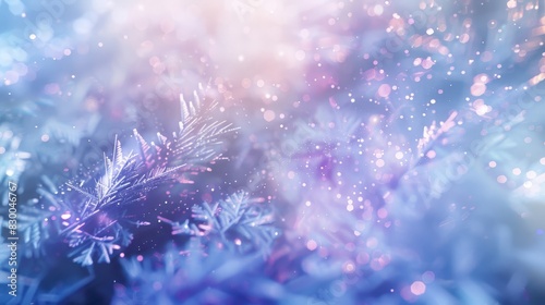 Abstract background featuring ice textures pastel blue and violet hues and light particles in a winter theme backdrop © javier