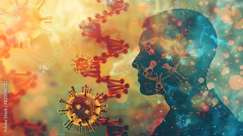 Silhouette of physician merged with viral DNA strands. Depicts the genetic study and medical research of infectious agents. Double exposure theme.