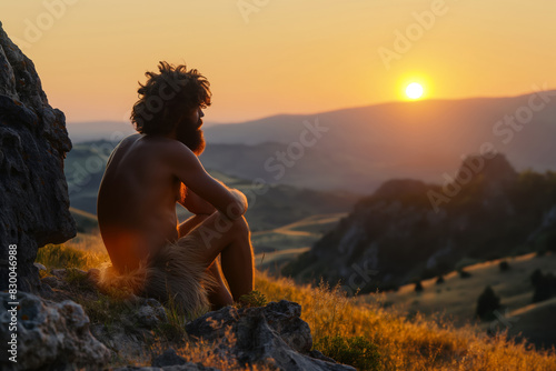 Caveman passively observing a peaceful sunrise in the prehistoric era  photo