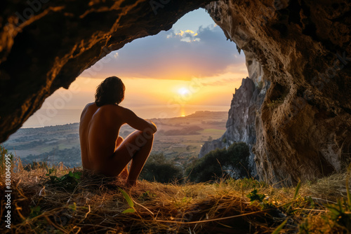 Caveman passively observing a peaceful sunrise in the prehistoric era  photo