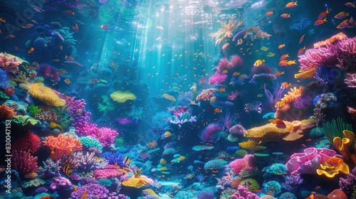A photo of a vibrant coral reef with colorful marine life, an underwater scene with sunbeams penetrating the water and schools of fish photo