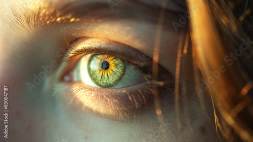 Vivid Macro Shot of a Human Eye with Striking Sunlit Iris Details. Generative AI