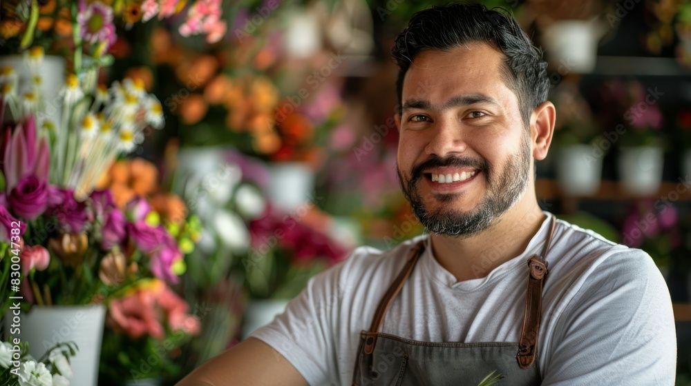 Smiling attractive Hispanic handsome Small business owner in his florist shop. 