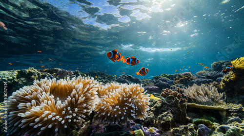 Clownfish entertain amid anemones  split-view radiates with islands lush tropical allure 
