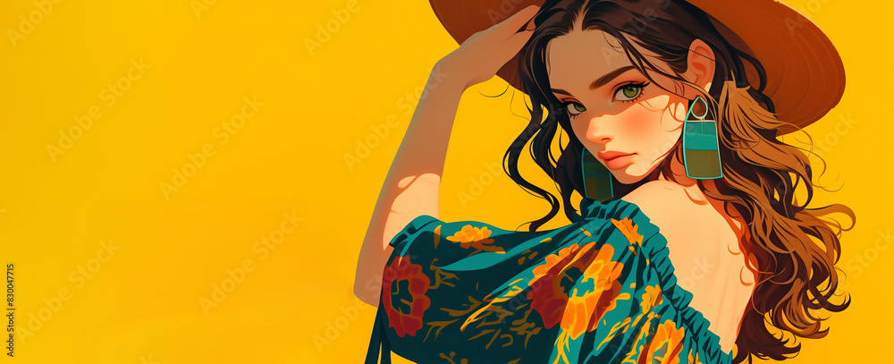 jeune femme espagnole cheveux châtains, yeux verts, blouse gitane à fleur montrant l'épaule, avec un chapeau gaucho sur un fond jaune avec espace négatif copyspace jeune femme espagnole cheveux châtains, yeux verts, blouse gitane à fleur montrant l'épaule, avec un chapeau gaucho sur un fond jaune avec espace négatif copyspace