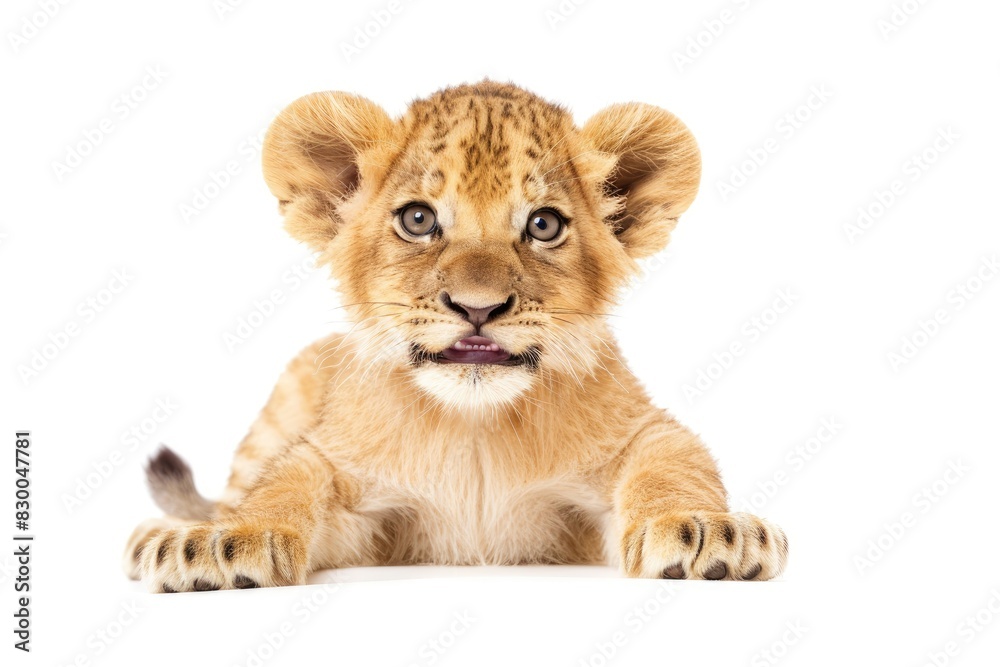 Adorable baby lion cub with a tiny roar isolated on white background Adorable baby lion cub with a tiny roar isolated on white background