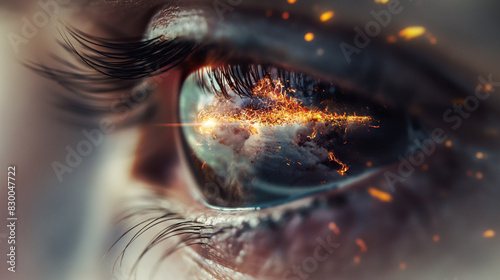 Surreal Macro Shot of Human Eye with Fiery Reflections and Abstract Details. Generative AI