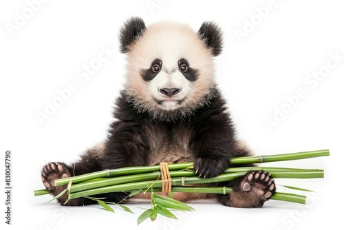 Adorable baby panda sitting with bamboo isolated on white background