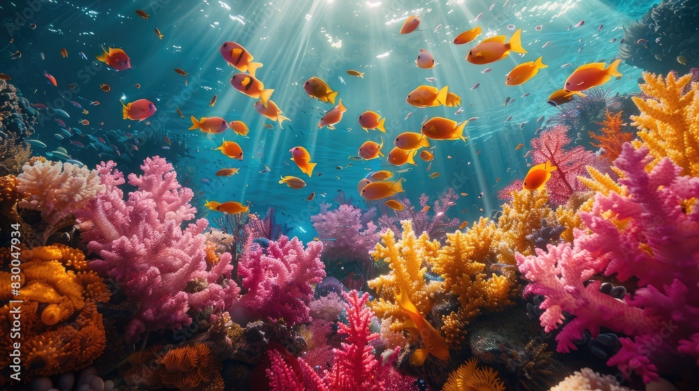 A photo of a vibrant coral reef with colorful marine life, an underwater scene with sunbeams penetrating the water and schools of fish