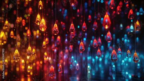 Plunge into a phantasmagoric symphony of neon raindrops, cascading down a canvas of midnight black, creating a vibrant ode to the ephemeral beauty of precipitation. photo