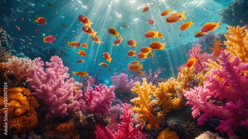 A photo of a vibrant coral reef with colorful marine life, an underwater scene with sunbeams penetrating the water and schools of fish © AliaWindi