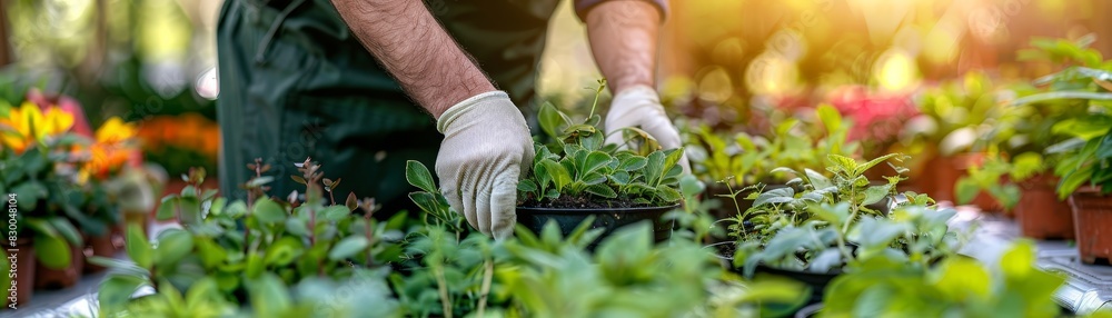 Gardener arranging potted plants, vibrant and green, outdoor activity, natural beauty, healthy growth, bright and sunny, lush and alive, hands-on work, copy space. Gardener arranging potted plants, vibrant and green, outdoor activity, natural beauty, healthy growth, bright and sunny, lush and alive, hands-on work, copy space.