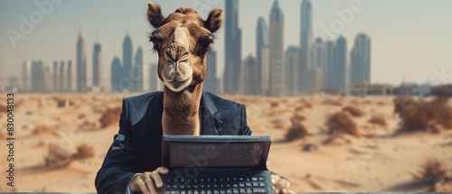 A closeup charismatic half body of a camel in a business suit, typing on a holographic keyboard in a desert with a futuristic cityscape in the blurry background