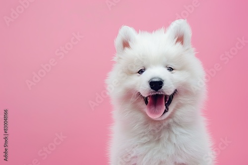 Fluffy Samoyed puppy with a smiling face on a pink background photo