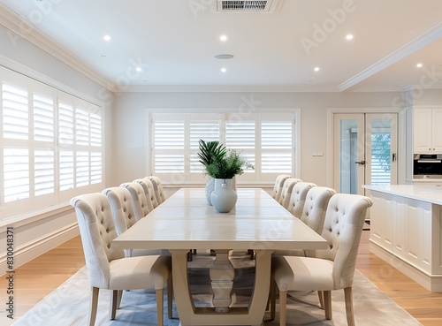 White dining room with a long table and chairs, in an Australian suburban home, front view,