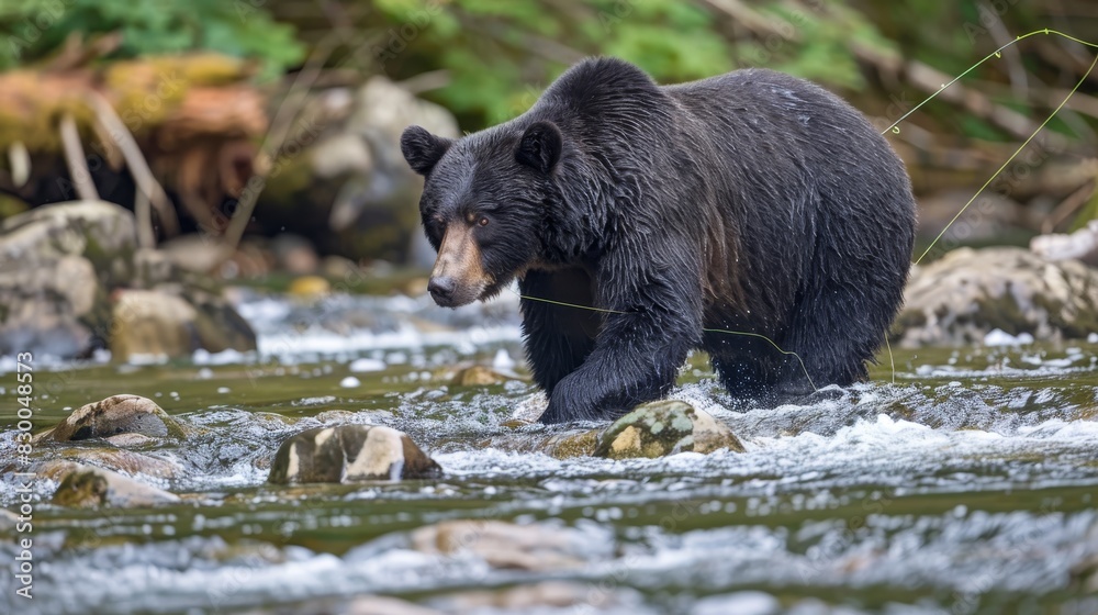 Bear fishing in a river, powerful and dynamic, natural beauty, vibrant and wild, lush surroundings, bright and active, wildlife photography, copy space. Bear fishing in a river, powerful and dynamic, natural beauty, vibrant and wild, lush surroundings, bright and active, wildlife photography, copy space.