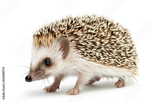 Tiny baby hedgehog with quills standing up isolated on white background