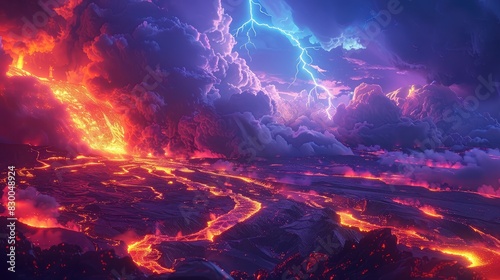 A photo of a volcanic landscape with glowing lava rivers  a fiery sky with ash clouds and lightning in the background