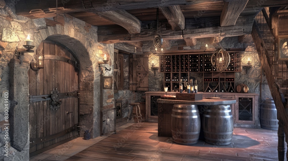 Rustic wine cellar with barels, Wooden style, Generative AI Rustic wine cellar with barels, Wooden style, Generative AI