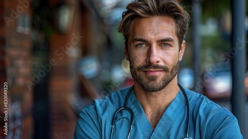 A man in a blue scrubs shirt is smiling and looking at the camera