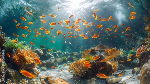 Vibrant Tropical School Fish Swarming Over a Dazzling Coral Reef