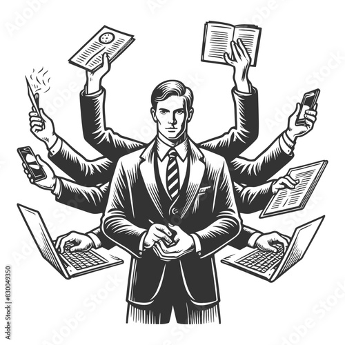 businessman multiple arms handling various tasks, multitasking and efficiency style sketch engraving generative ai fictional character vector illustration. Black and white image.