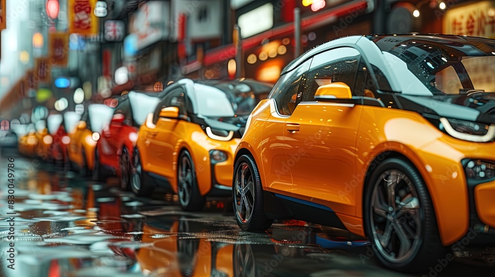 A row of orange electric cars are parked on a wet street