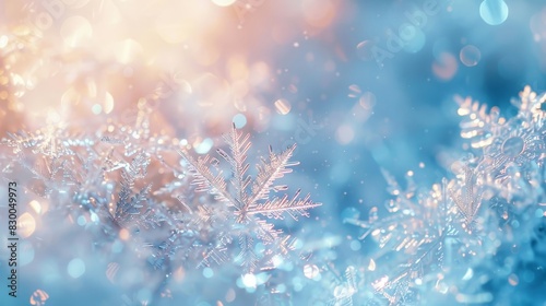 Pastel blues and whites with glowing light effects and semi-transparent snowflake patterns backdrop