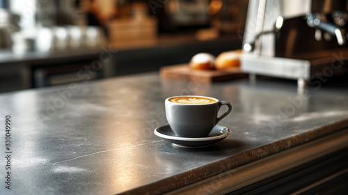 Espresso artistry on a modern cafe countertop, background with empty space for text 