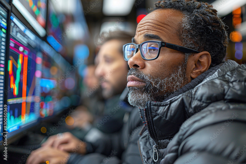 A team of analysts reviewing market trends on multiple screens. A team of analysts reviewing market trends on multiple screens.