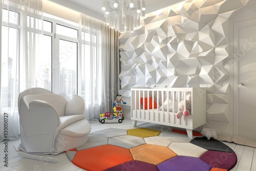 A modern baby room with geometric-patterned accent walls sleek white furniture and pops of vibrant color in the form of throw pillows and toys.