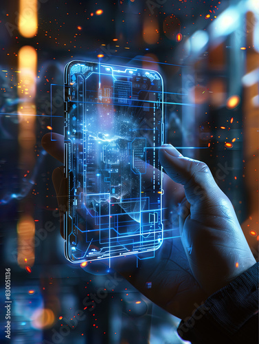 Hand Holding Holographic Smartphone in Futuristic Urban Setting at Night