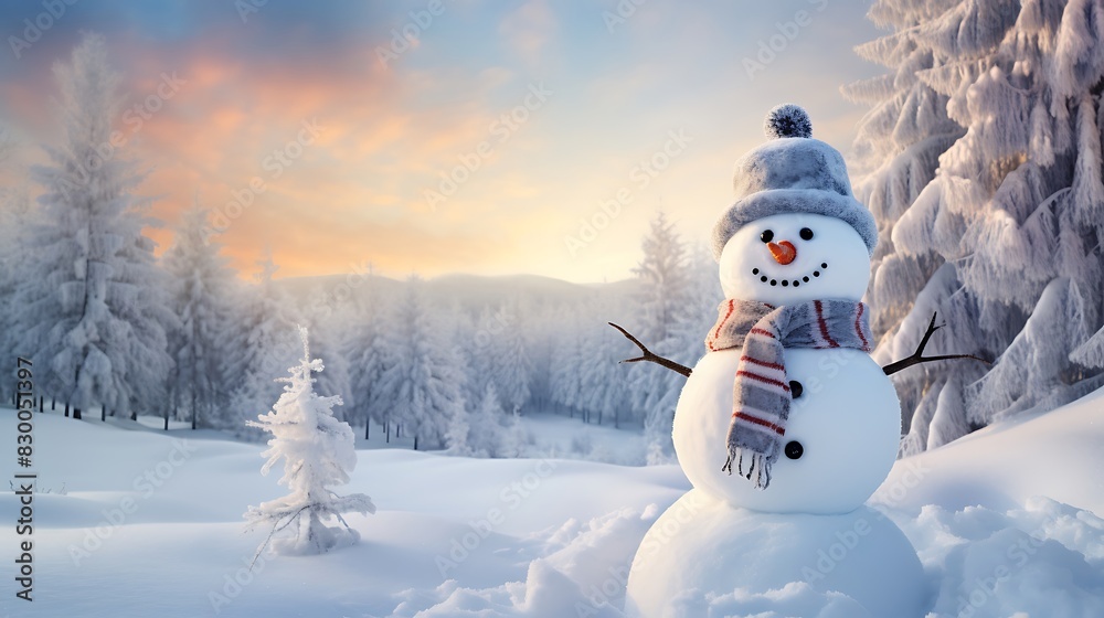 Fototapeta premium Embracing Winter: Twig-Armed Snowman's Haven 