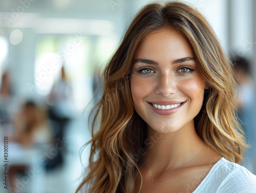 Smiling Young Woman in a Modern Office Environment with Colleagues in the Background