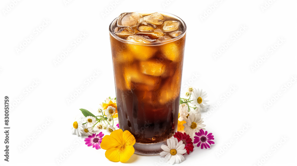 Fototapeta premium Iced coffee in a tall glass with summer decorations, isolated on a white background 