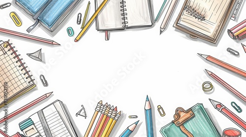 A sketch illustration on a white background featuring handdrawn school supplies such as pencils photo