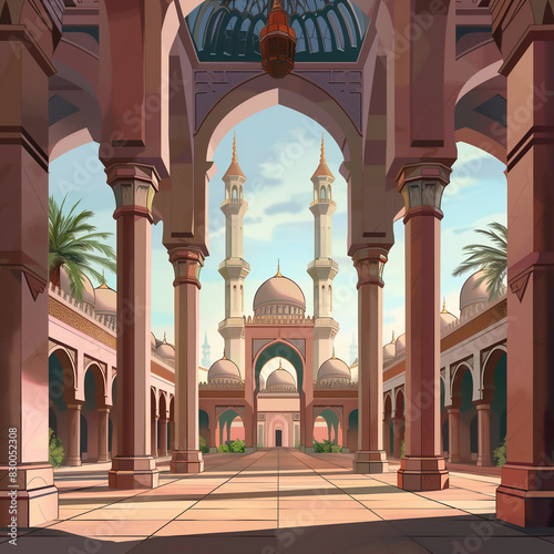 Vue sur l'intérieur d'une mosquée et les tours minarets, pour l'adhan, appel à la prière, fait par le muezzin depuis les arcades extérieures des jardins Ramadan Musulman,  photo
