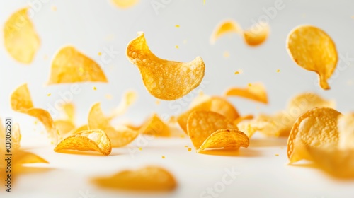 Golden, thinly sliced potato chips floating in the air on a white background, emphasizing their delicious and crispy texture