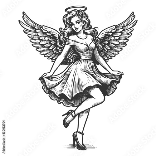 pin-up style angel sexy woman, featuring detailed wings and an elegant pose sketch engraving generative ai fictional character vector illustration. Scratch board imitation. Black and white image.