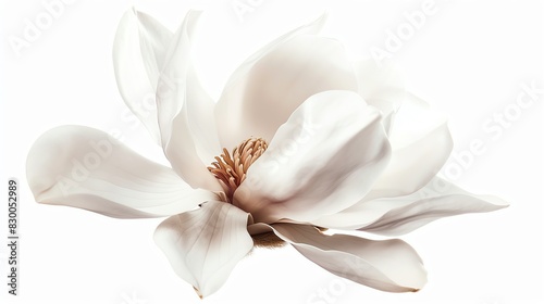 Beautiful magnolia bloom with large white petals, floating on air, white background, showcasing its timeless and classic elegance photo