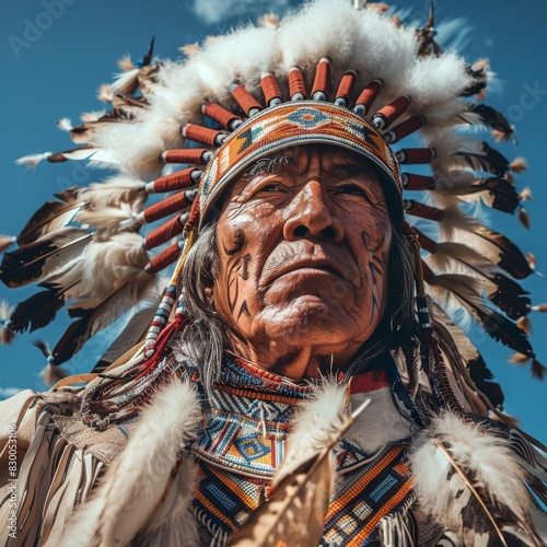 Proud Native American Warrior in Traditional Attire